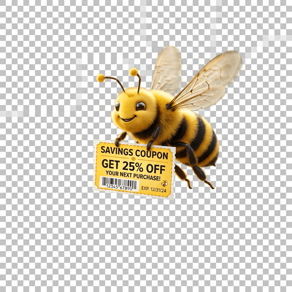 Bright bee flying over flowers holding a savings coupon for 25% off